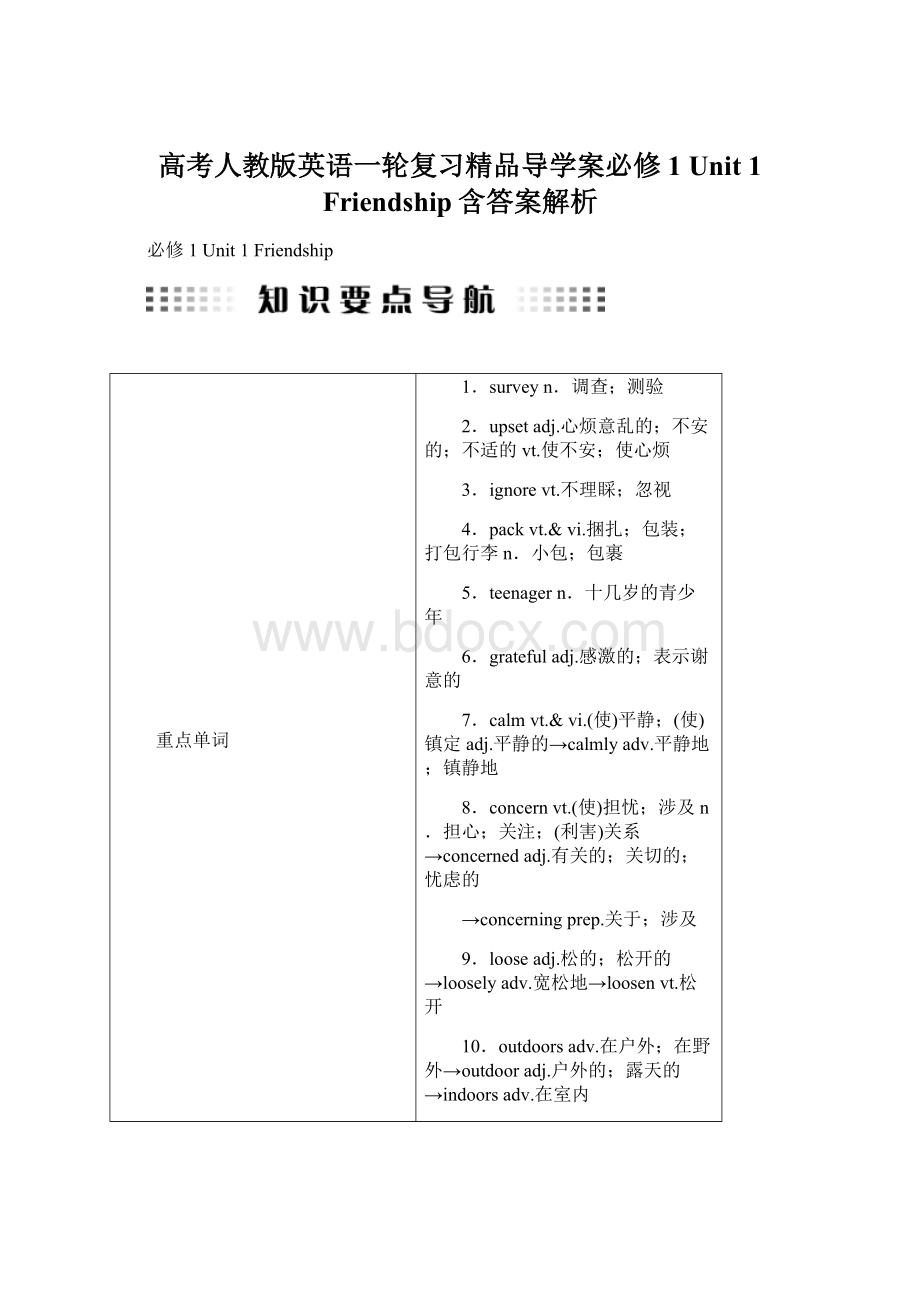 高考人教版英语一轮复习精品导学案必修1 Unit 1 Friendship含答案解析.docx_第1页