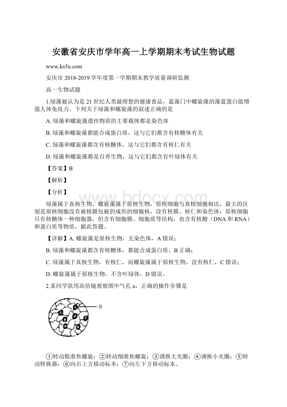 安徽省安庆市学年高一上学期期末考试生物试题.docx