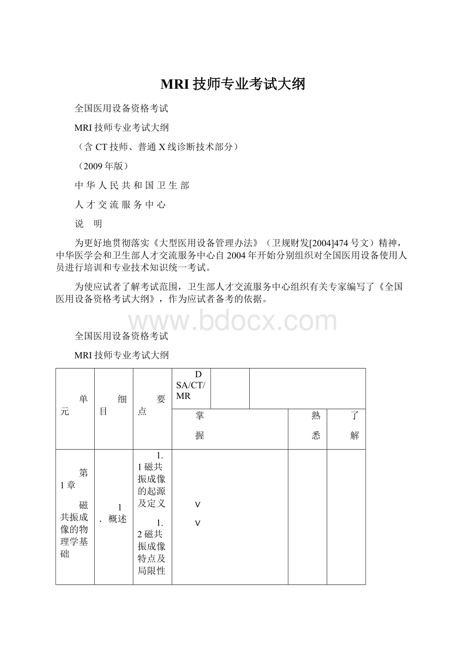 MRI技师专业考试大纲Word文档格式.docx_第1页