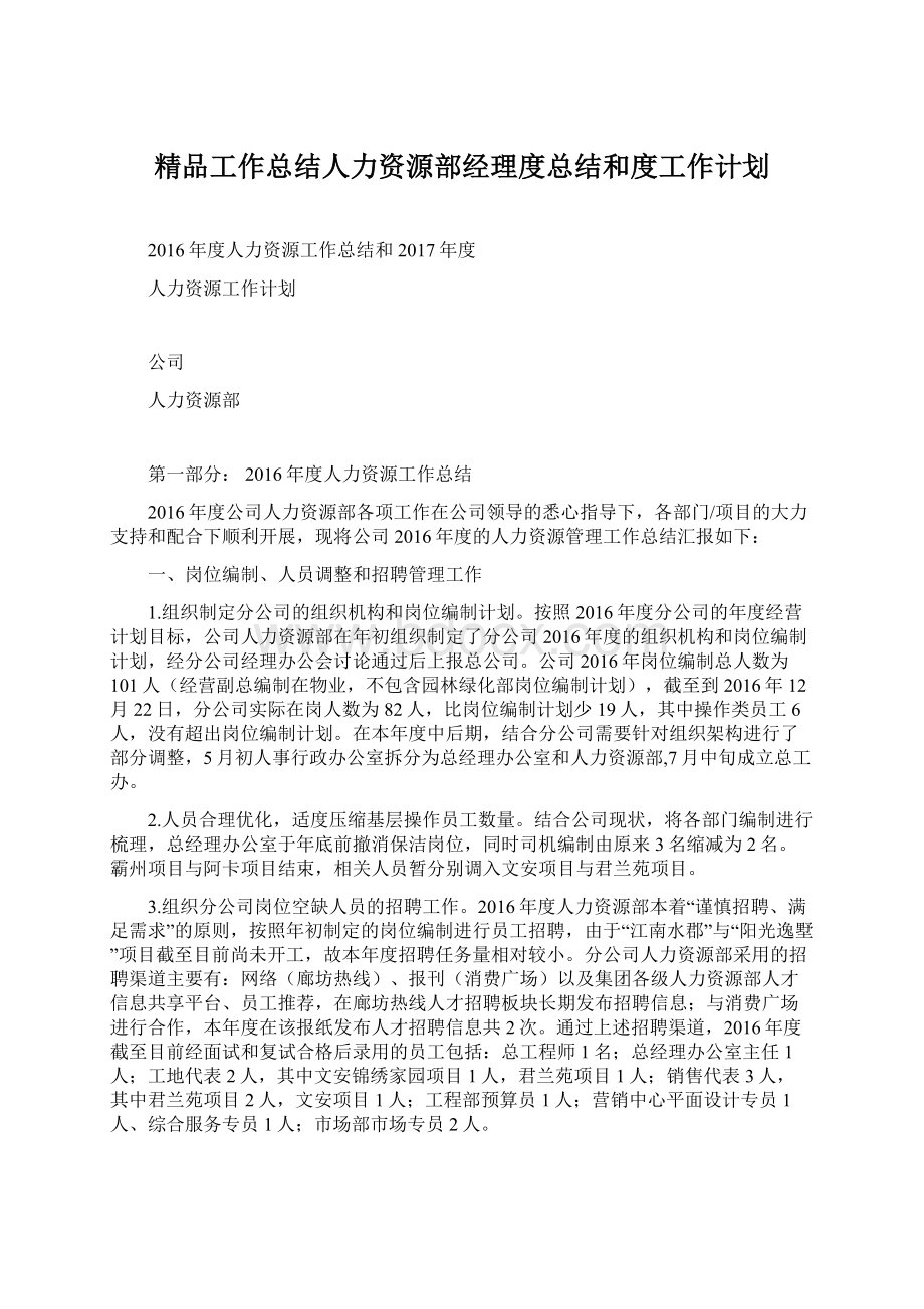 精品工作总结人力资源部经理度总结和度工作计划.docx