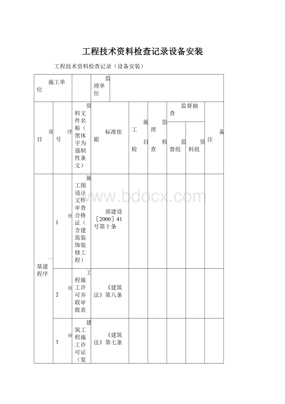 工程技术资料检查记录设备安装.docx_第1页