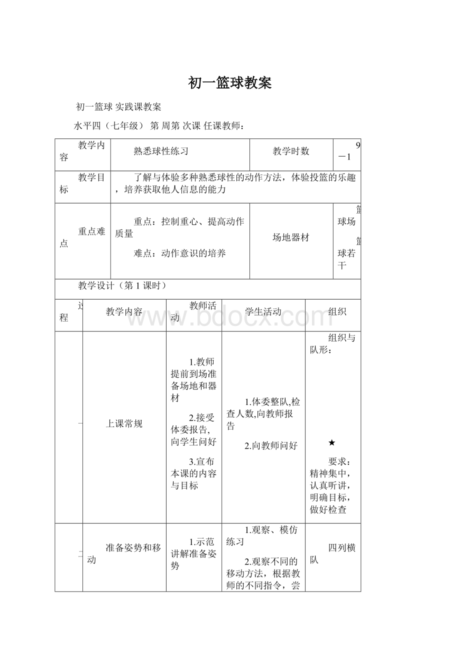 初一篮球教案Word格式.docx