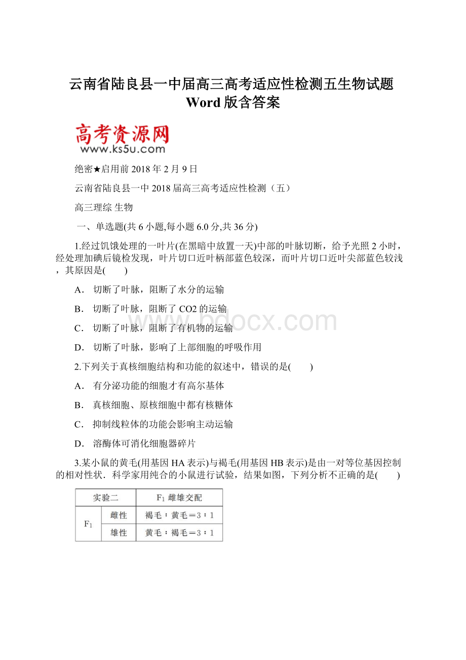 云南省陆良县一中届高三高考适应性检测五生物试题Word版含答案.docx_第1页