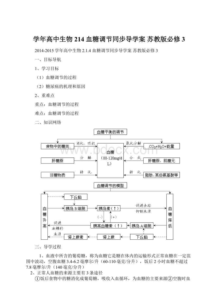 学年高中生物 214 血糖调节同步导学案 苏教版必修3.docx_第1页