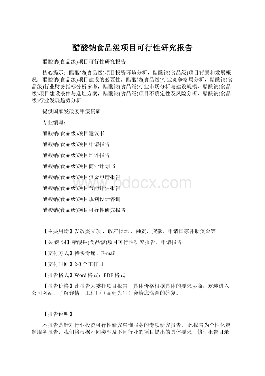 醋酸钠食品级项目可行性研究报告Word格式文档下载.docx