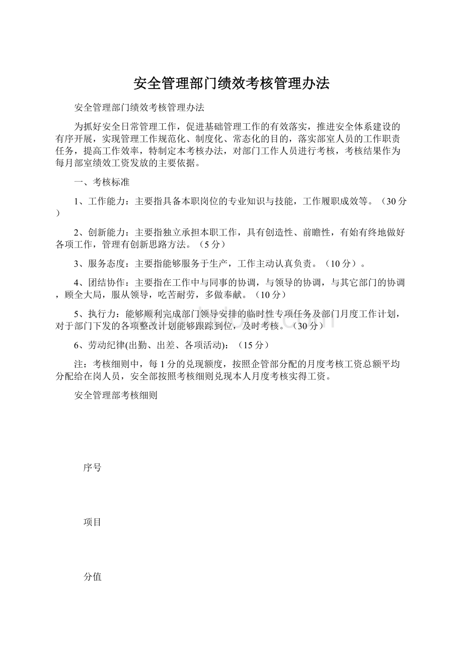 安全管理部门绩效考核管理办法.docx_第1页