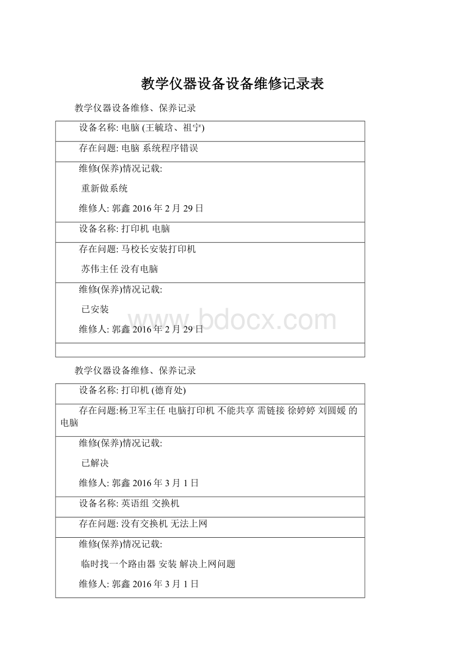 教学仪器设备设备维修记录表Word下载.docx_第1页