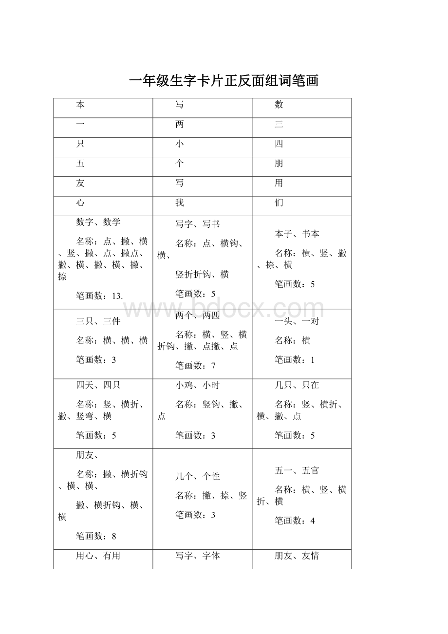 一年级生字卡片正反面组词笔画.docx_第1页