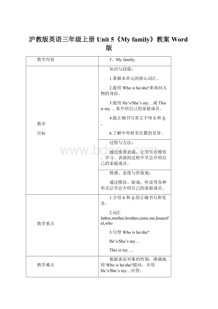 沪教版英语三年级上册Unit 5《My family》教案Word版Word文档格式.docx_第1页