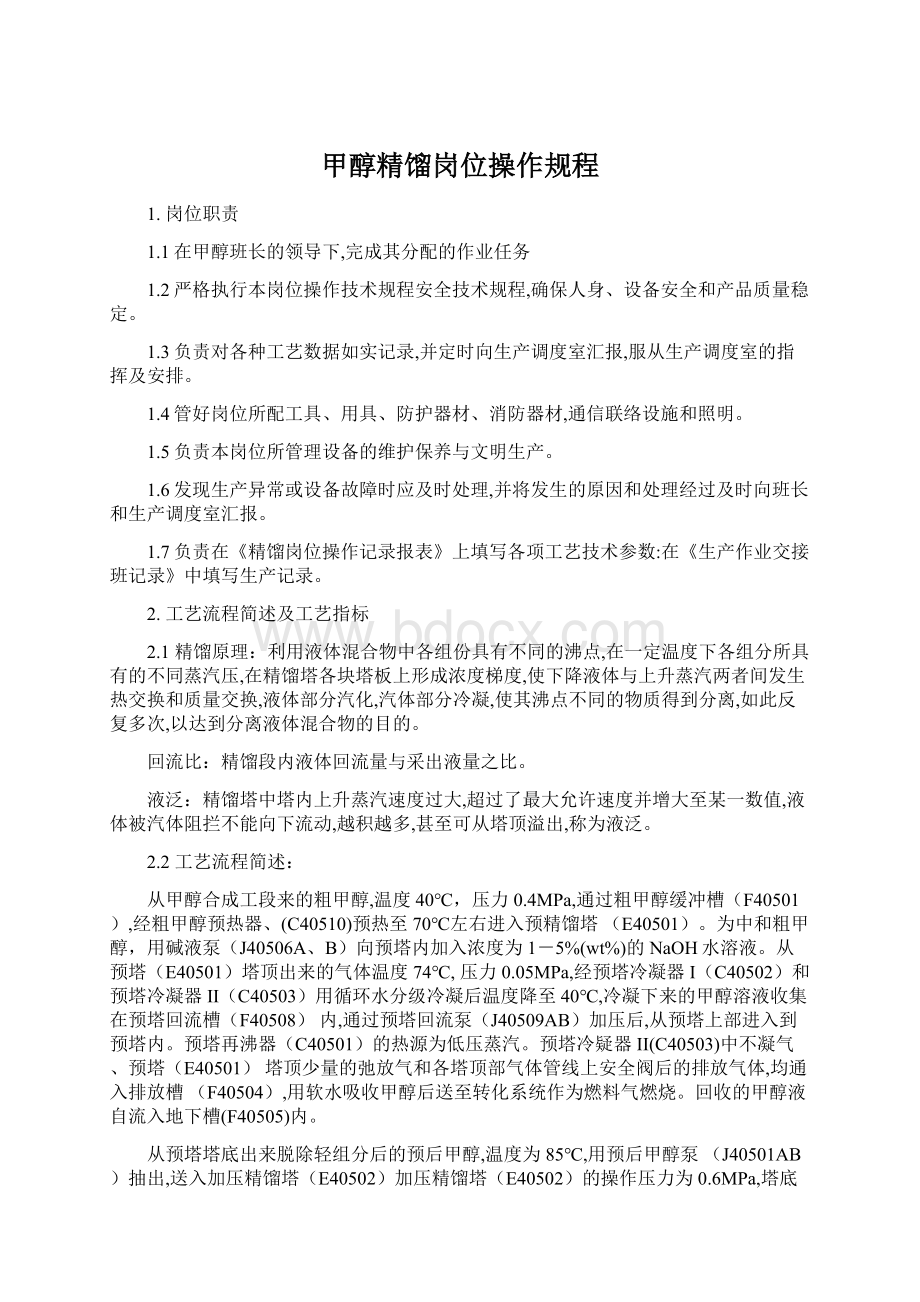 甲醇精馏岗位操作规程文档格式.docx