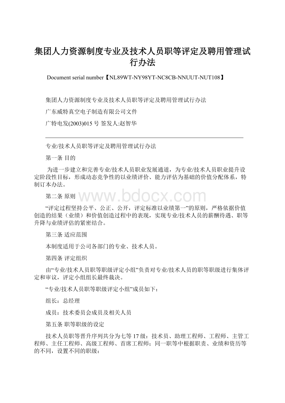 集团人力资源制度专业及技术人员职等评定及聘用管理试行办法.docx_第1页