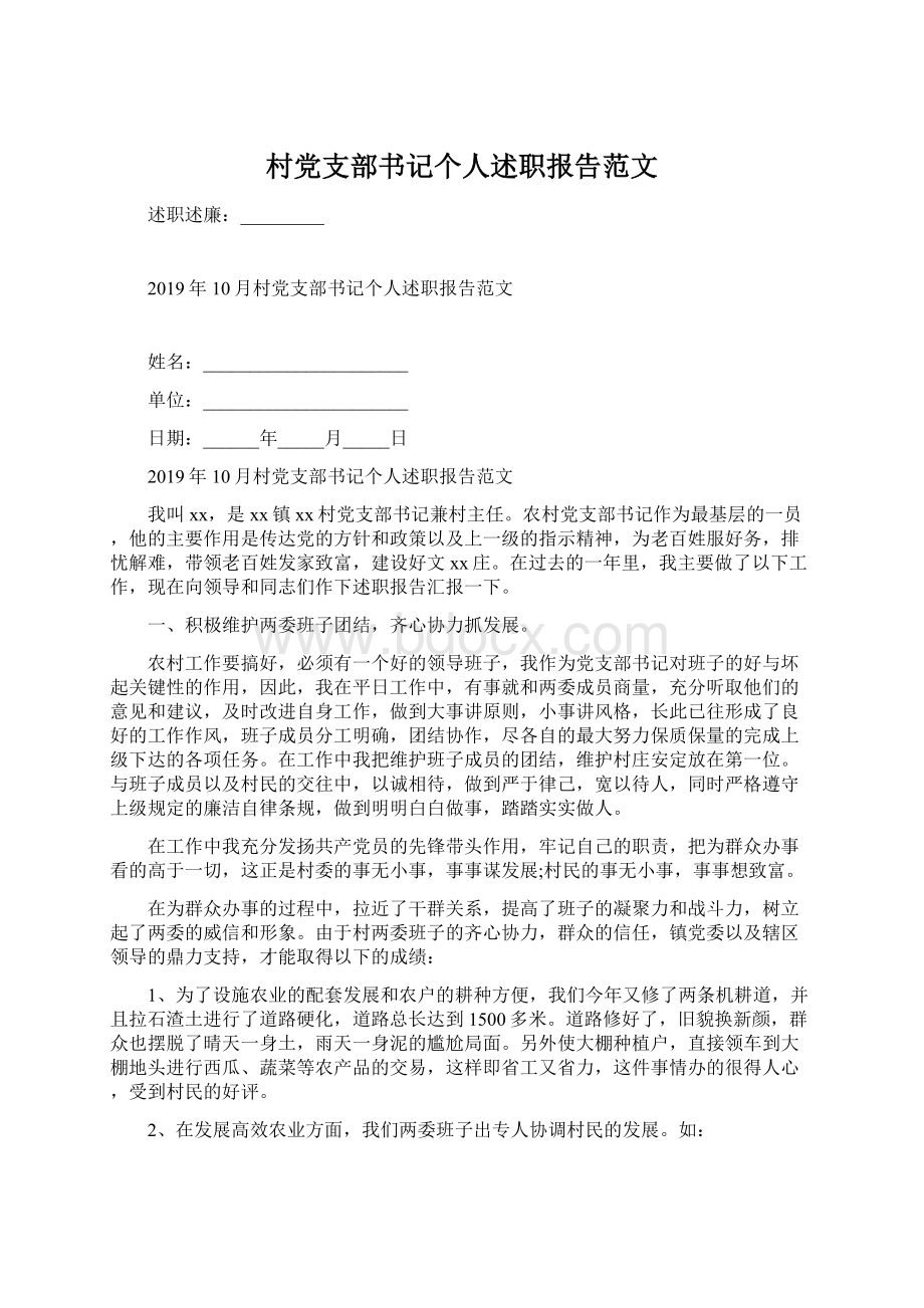 村党支部书记个人述职报告范文.docx_第1页