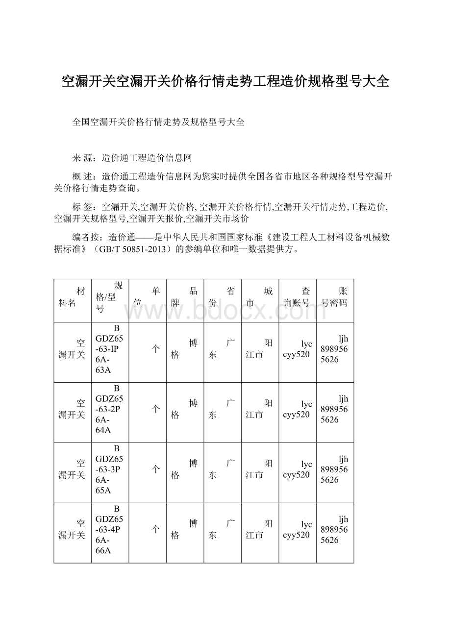 空漏开关空漏开关价格行情走势工程造价规格型号大全.docx