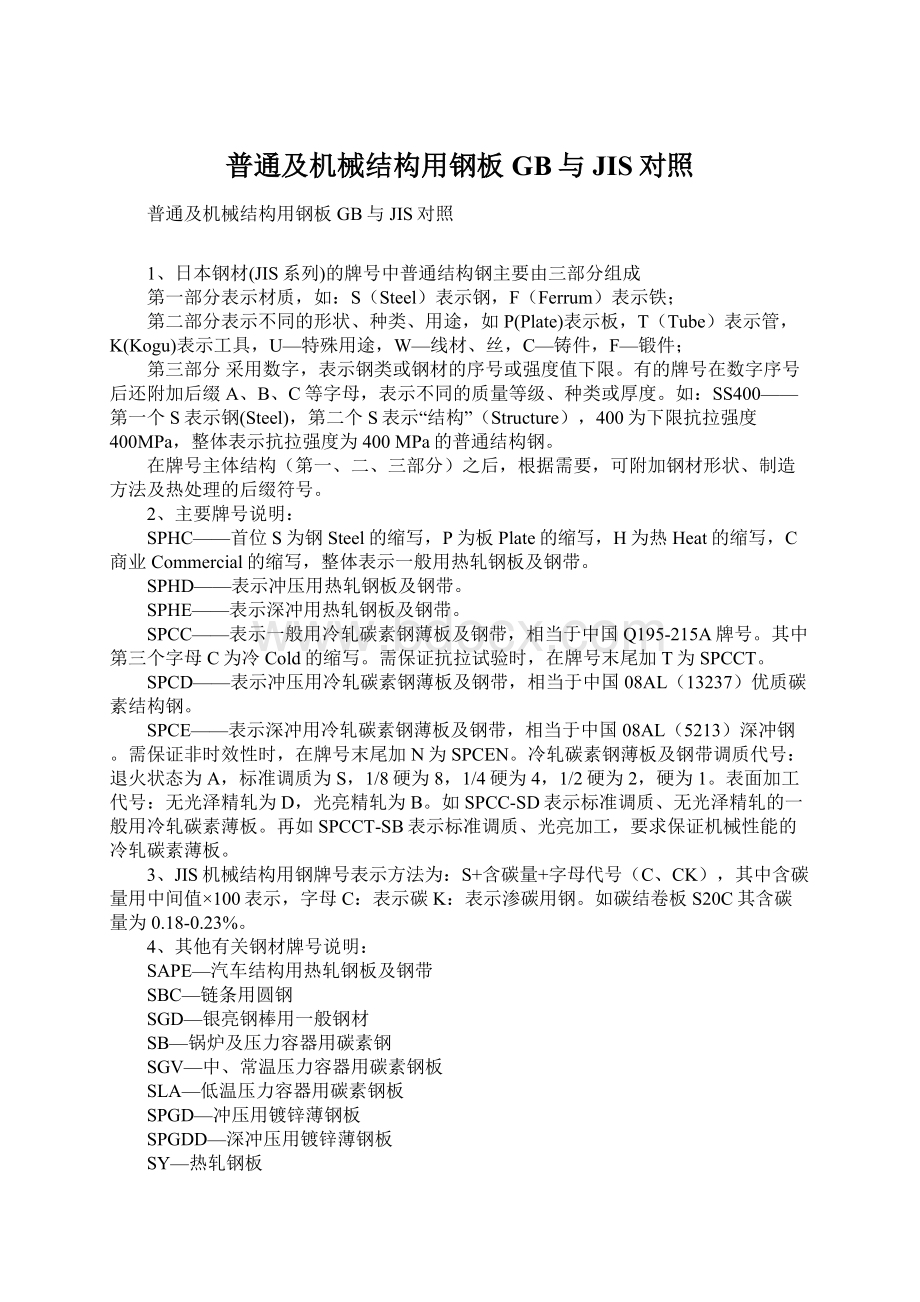 普通及机械结构用钢板GB与JIS对照Word文档下载推荐.docx