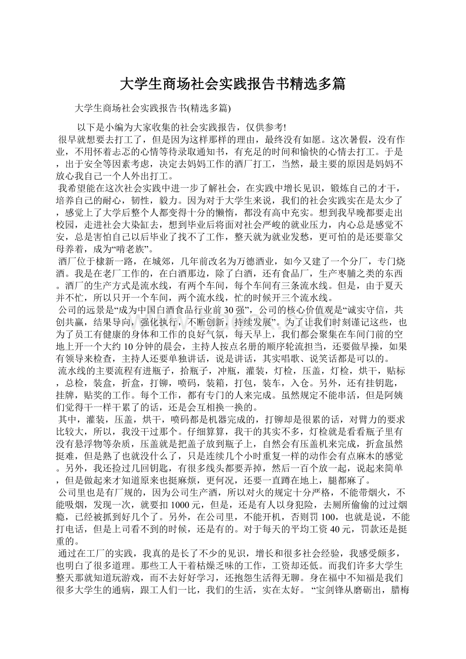 大学生商场社会实践报告书精选多篇文档格式.docx_第1页