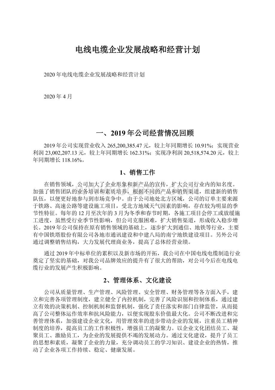 电线电缆企业发展战略和经营计划.docx_第1页