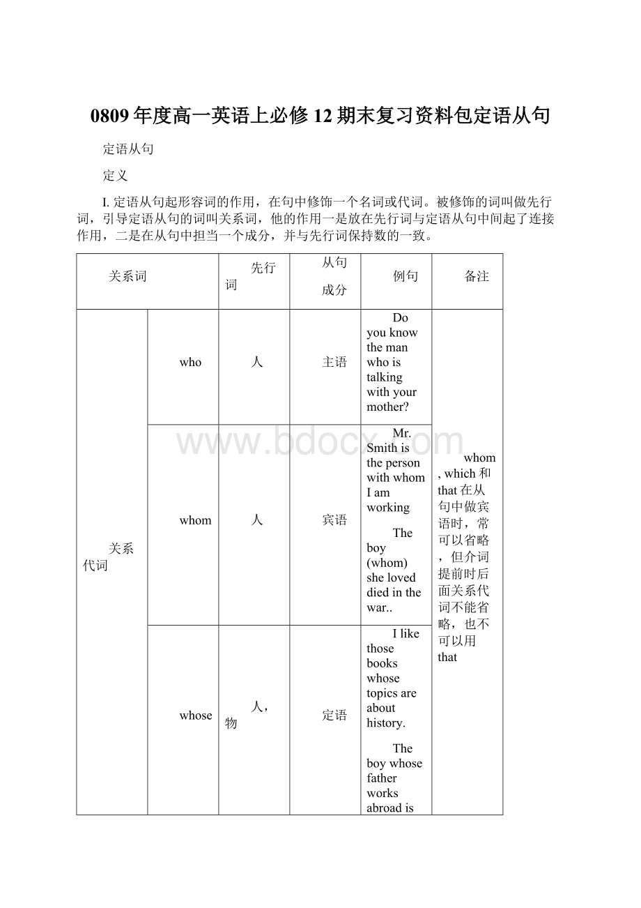 0809年度高一英语上必修12期末复习资料包定语从句Word文件下载.docx