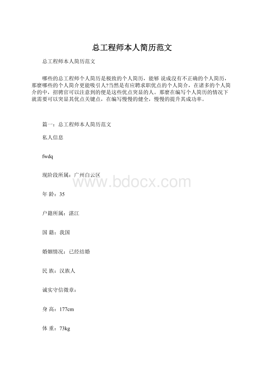 总工程师本人简历范文Word格式文档下载.docx_第1页