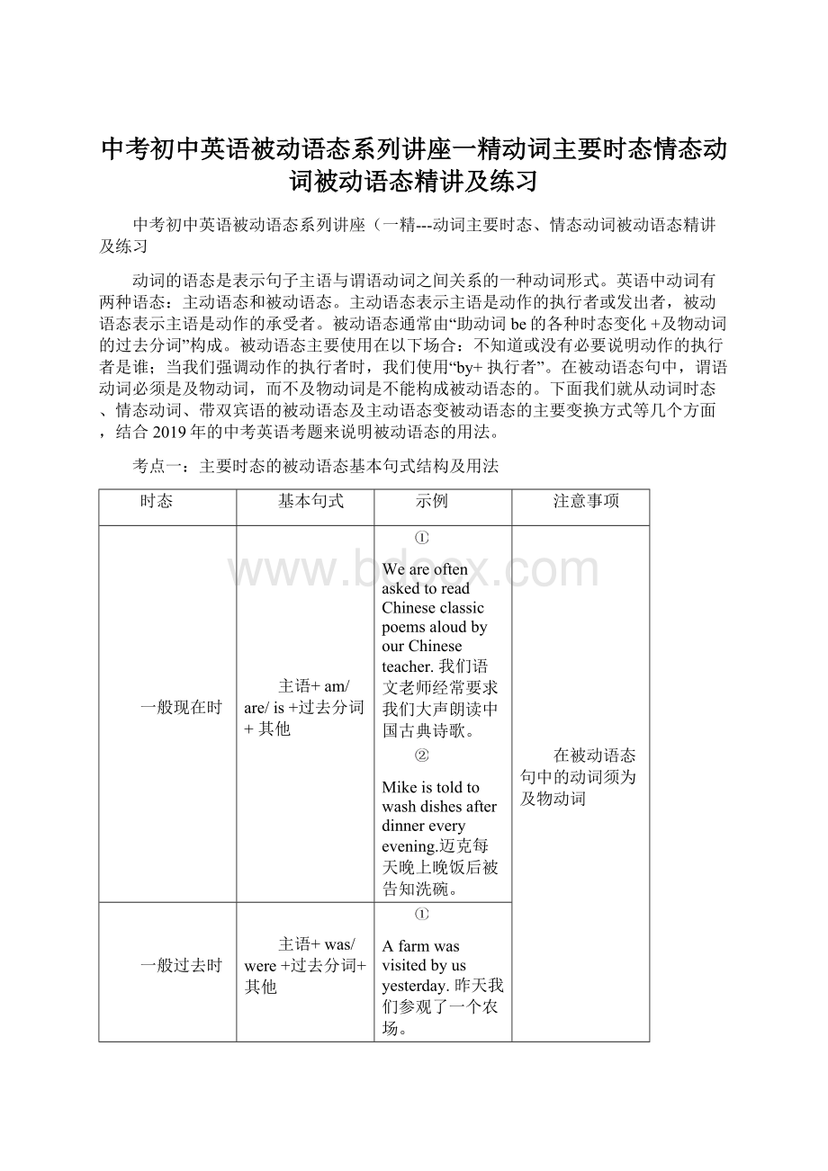 中考初中英语被动语态系列讲座一精动词主要时态情态动词被动语态精讲及练习.docx