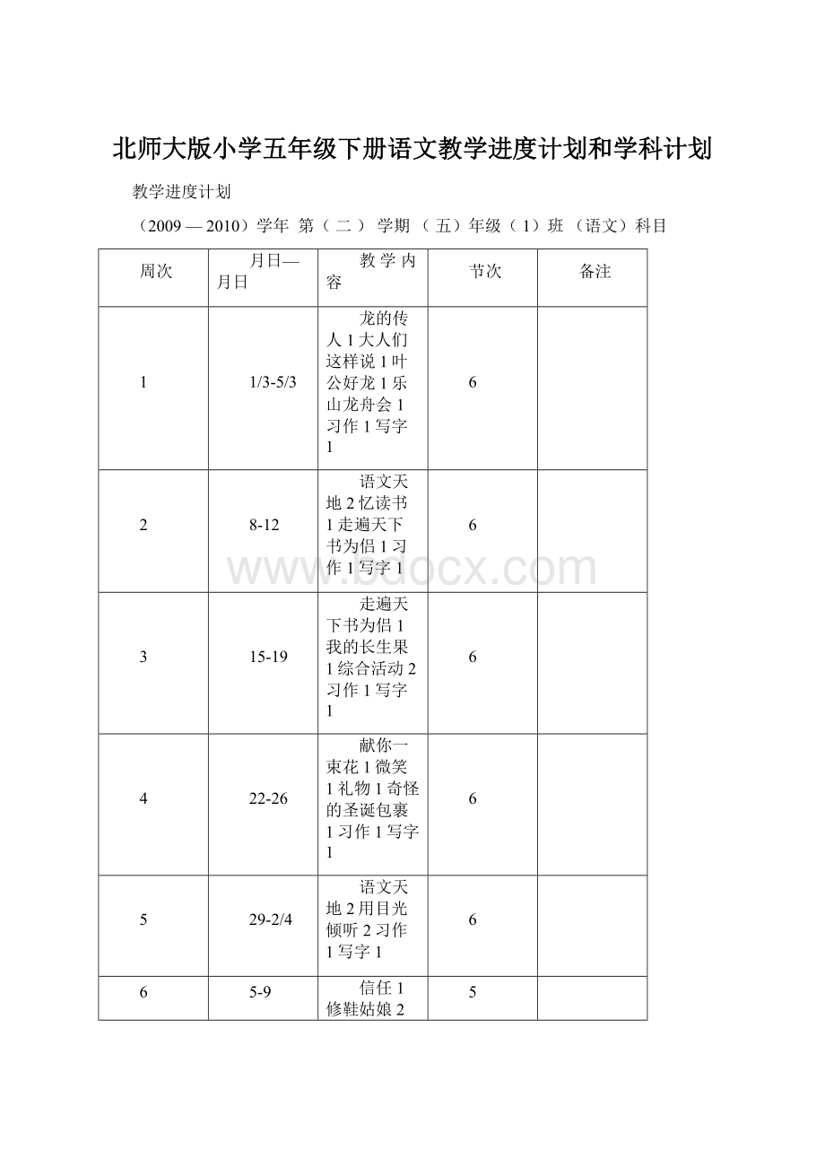 北师大版小学五年级下册语文教学进度计划和学科计划.docx_第1页