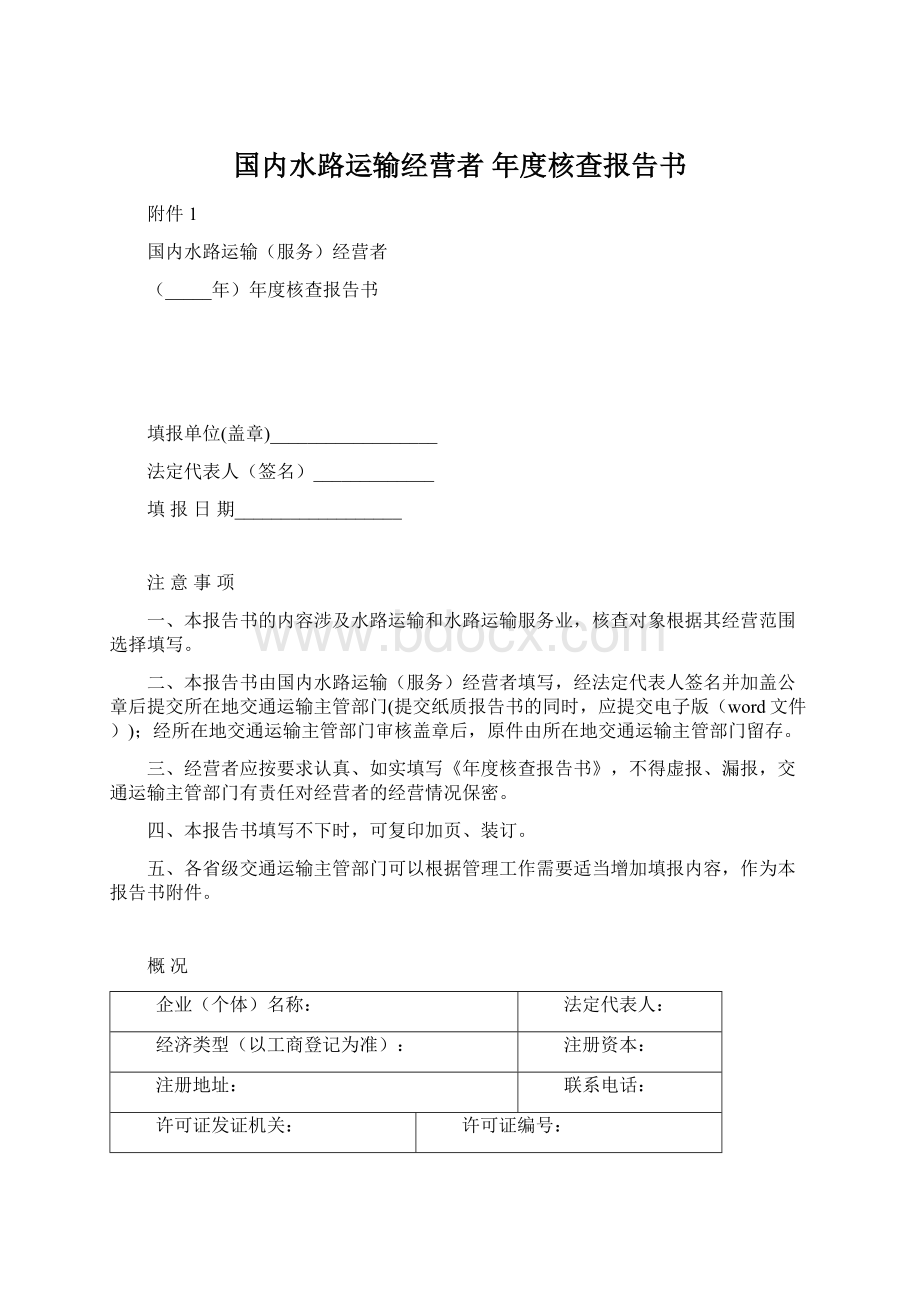 国内水路运输经营者 年度核查报告书Word文档下载推荐.docx