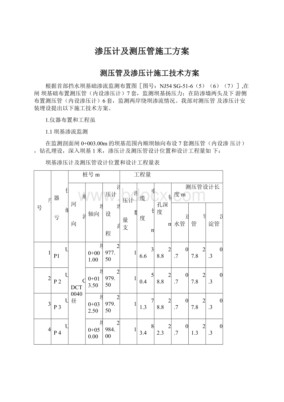 渗压计及测压管施工方案Word文档格式.docx