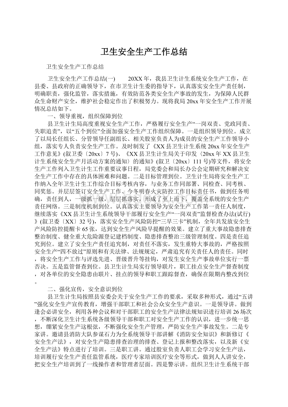 卫生安全生产工作总结Word格式文档下载.docx