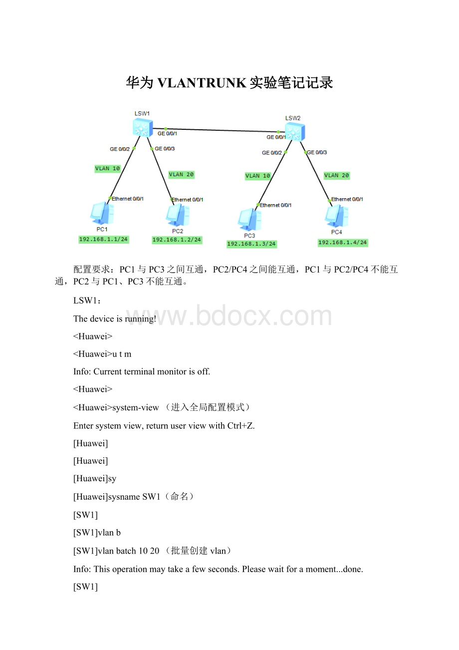 华为 VLANTRUNK实验笔记记录文档格式.docx