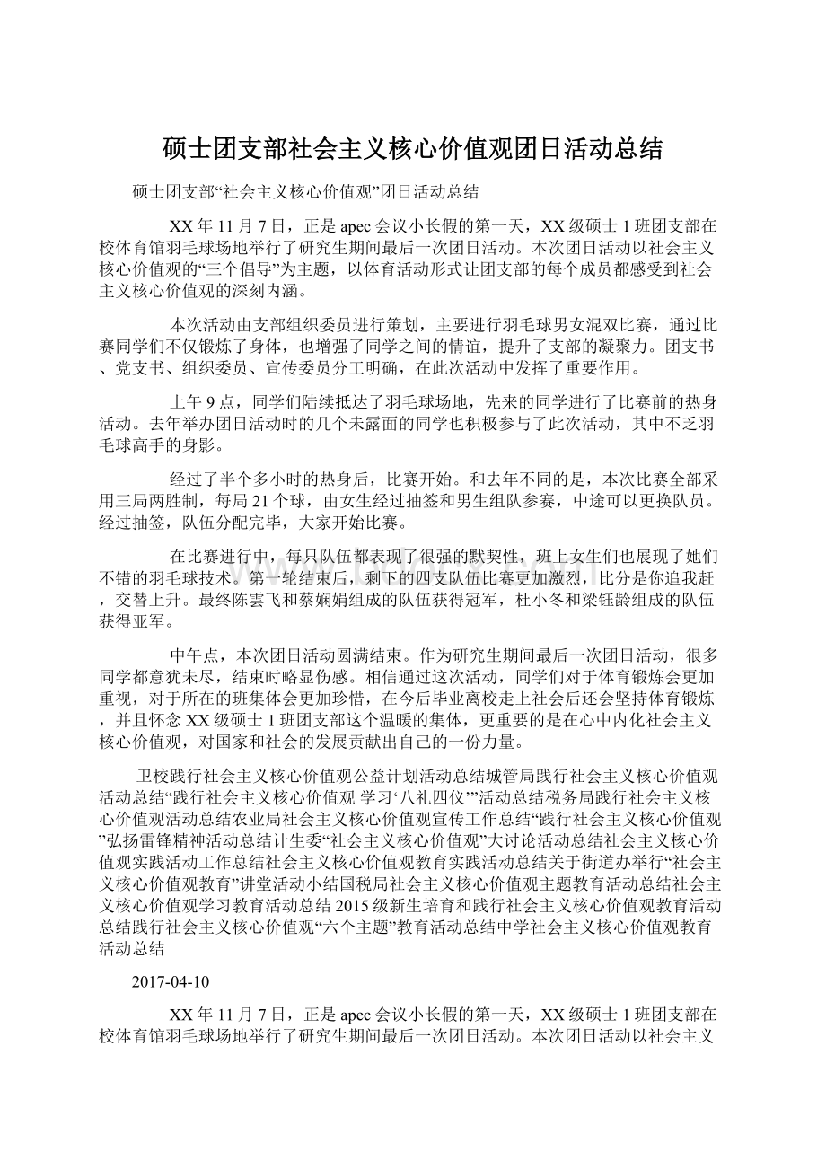 硕士团支部社会主义核心价值观团日活动总结.docx_第1页