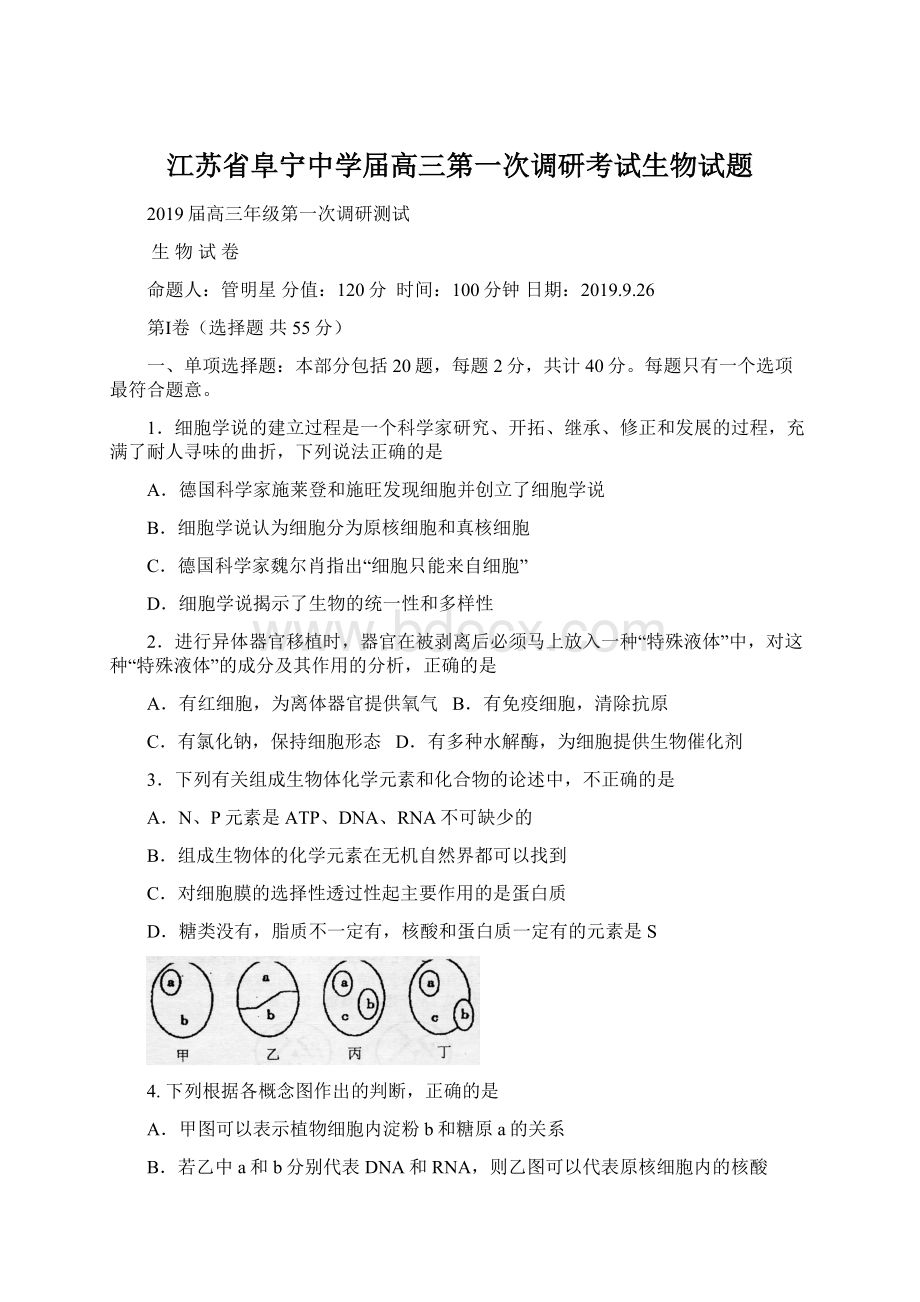 江苏省阜宁中学届高三第一次调研考试生物试题Word格式文档下载.docx