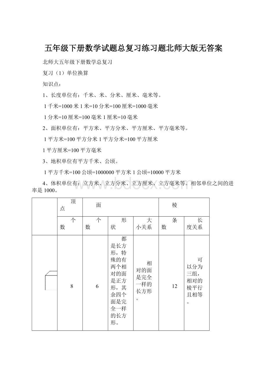 五年级下册数学试题总复习练习题北师大版无答案.docx_第1页