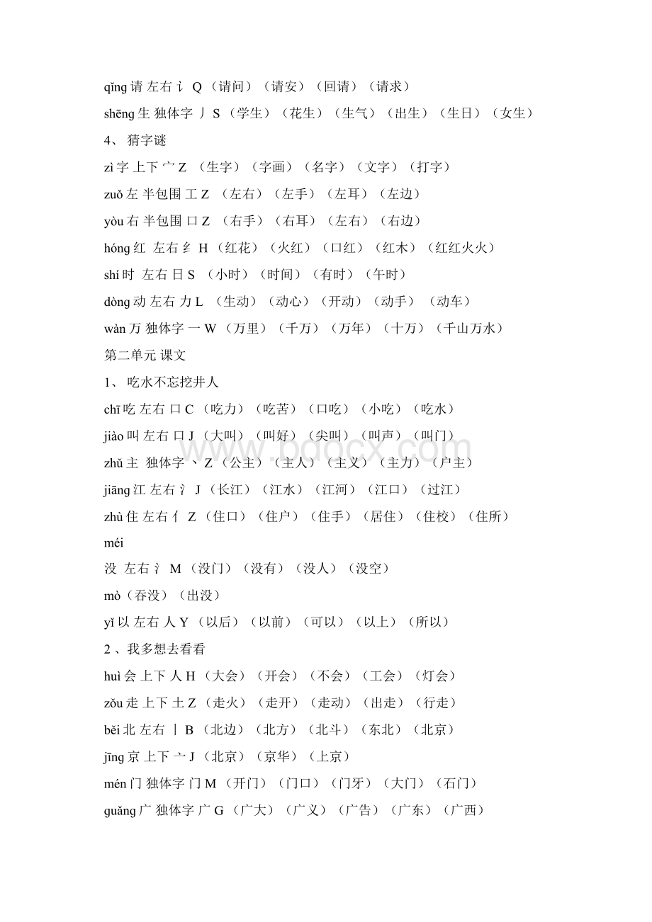 新人教部编版小学一年级语文下册组词带拼音部首生字结构41267教学提纲Word格式.docx_第2页