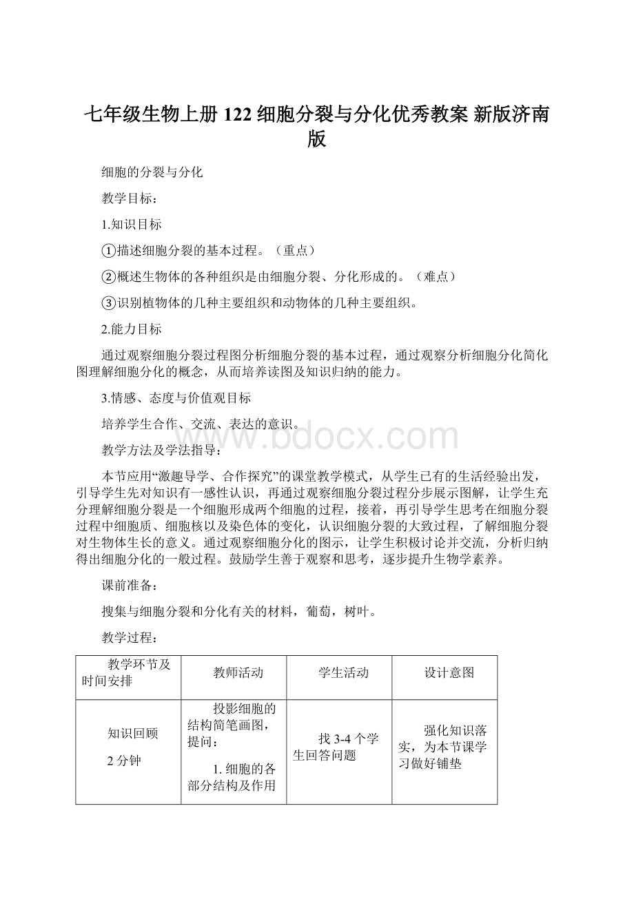 七年级生物上册122 细胞分裂与分化优秀教案 新版济南版Word格式文档下载.docx