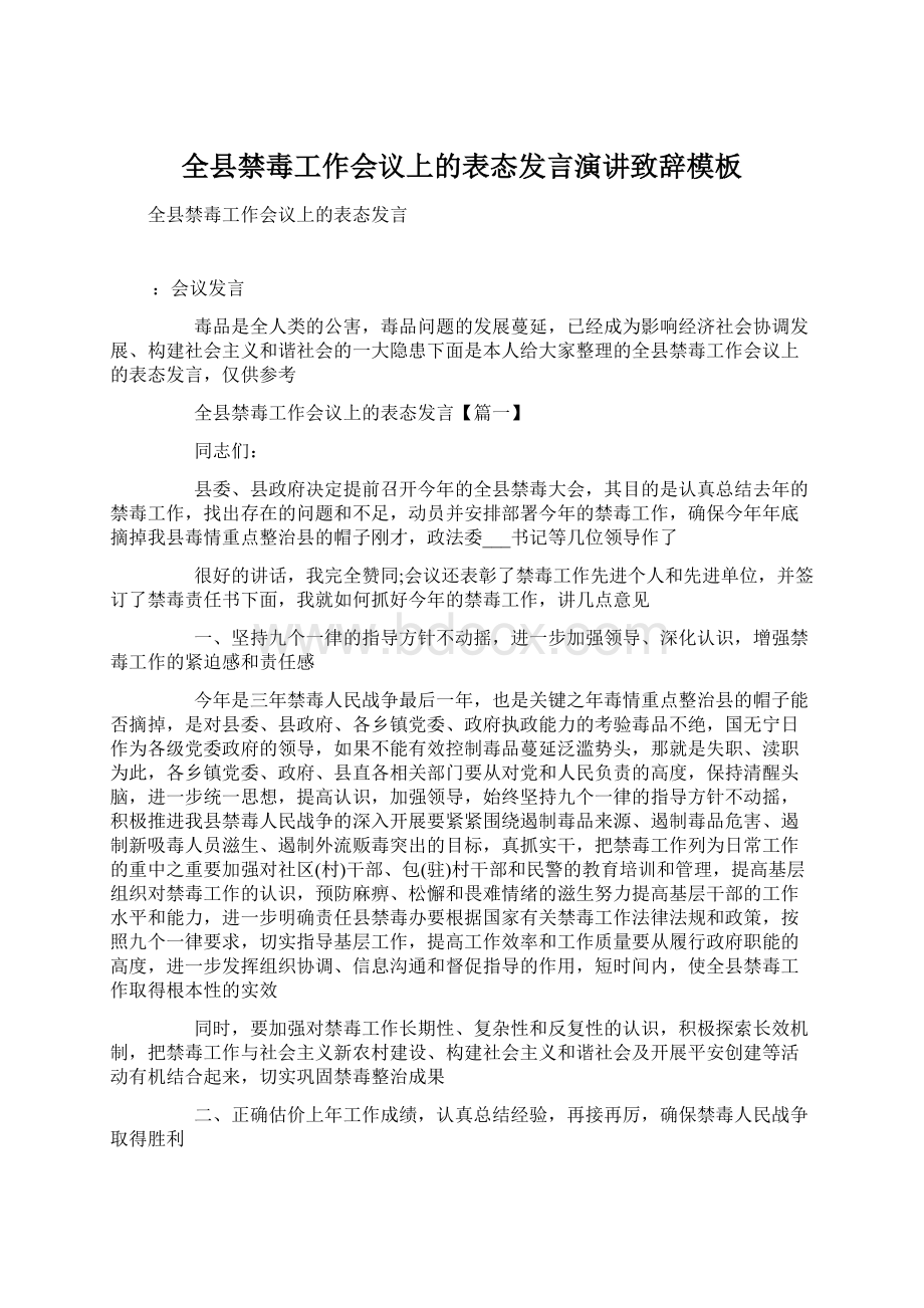 全县禁毒工作会议上的表态发言演讲致辞模板.docx_第1页