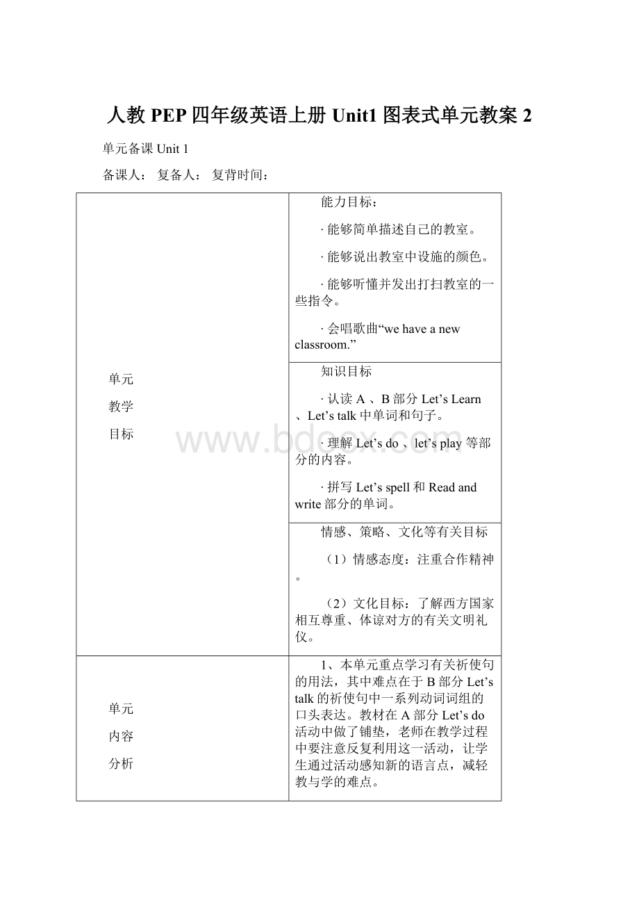 人教PEP四年级英语上册Unit1图表式单元教案2Word文档格式.docx