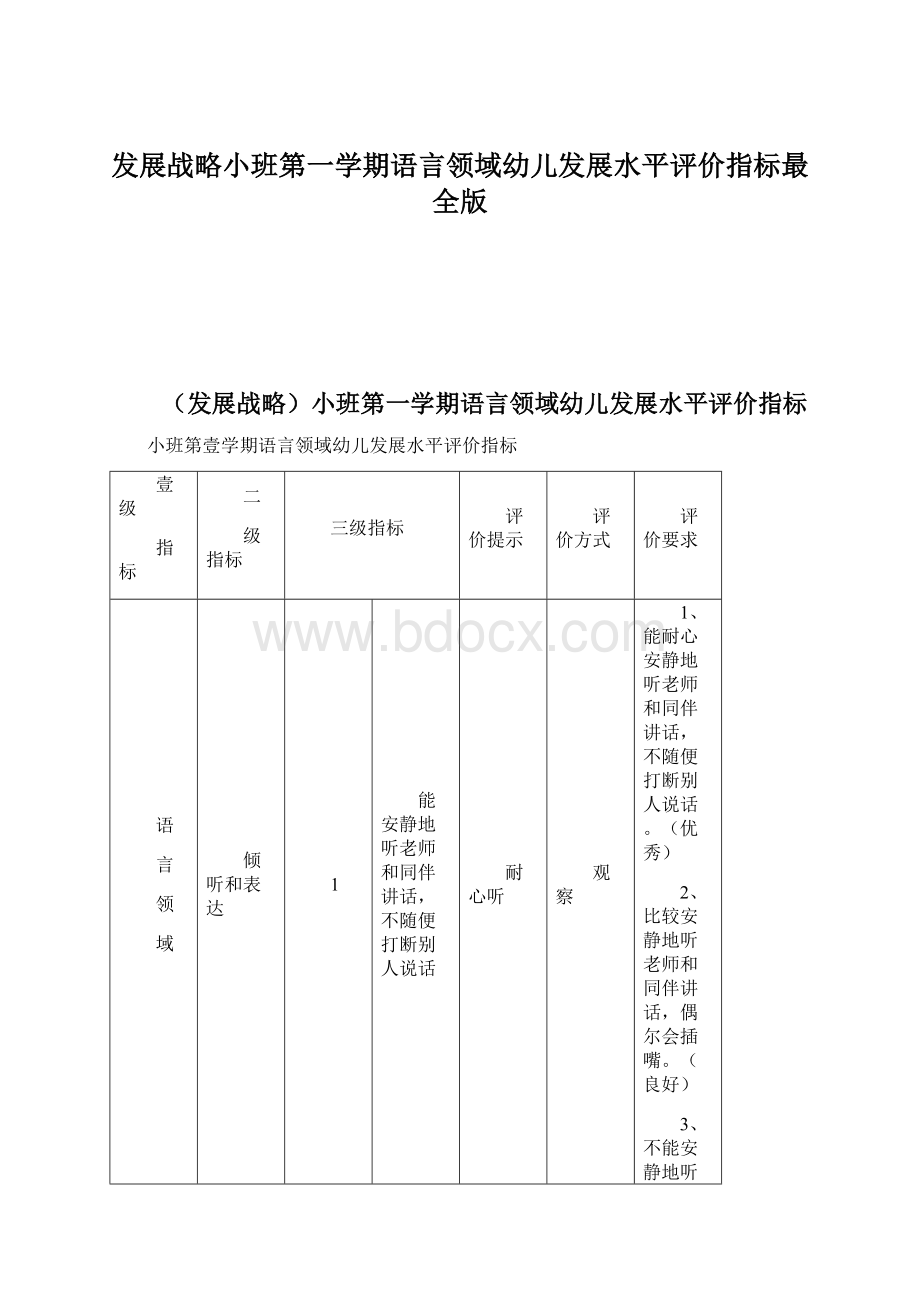 发展战略小班第一学期语言领域幼儿发展水平评价指标最全版.docx