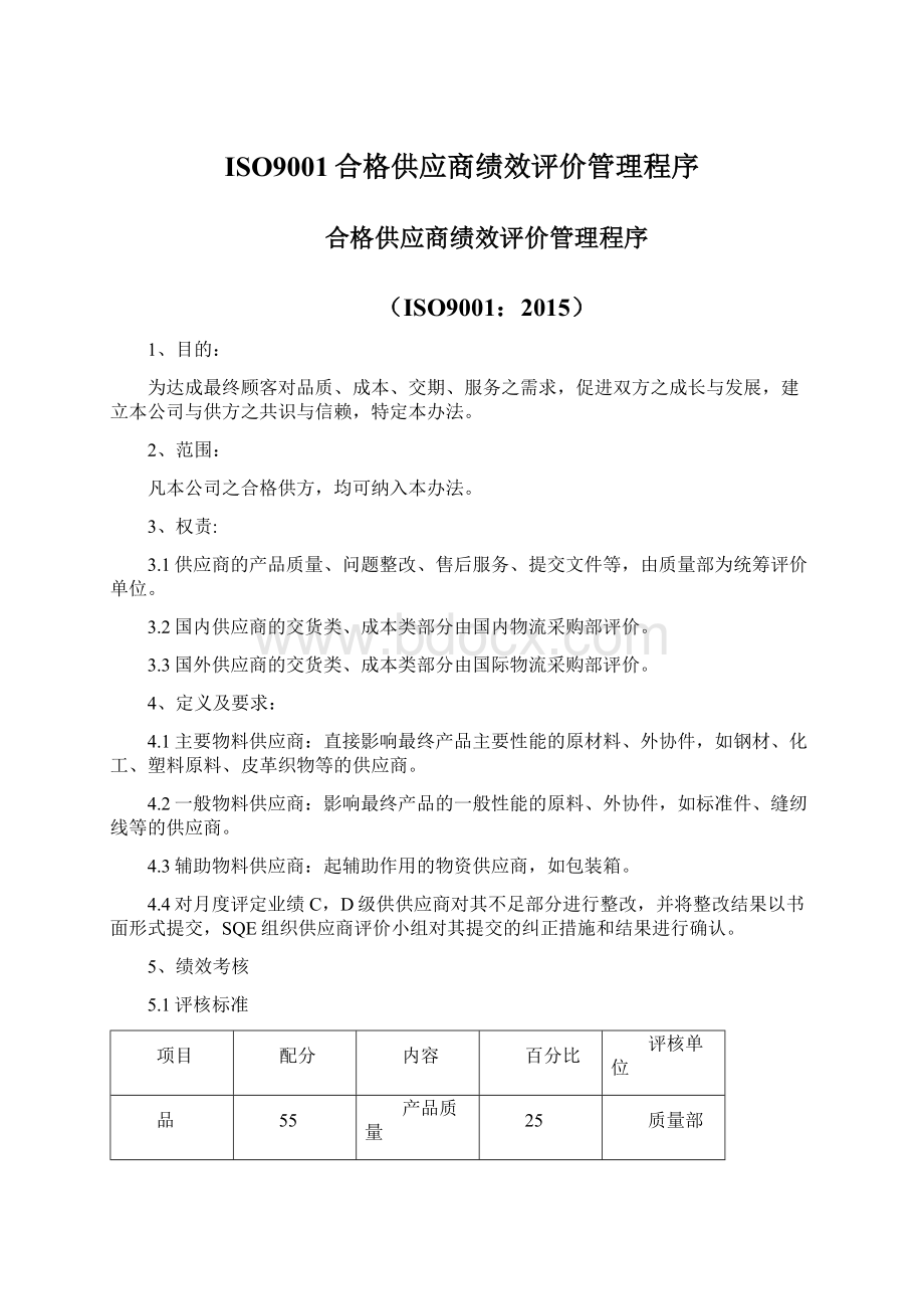 ISO9001合格供应商绩效评价管理程序Word文档下载推荐.docx_第1页