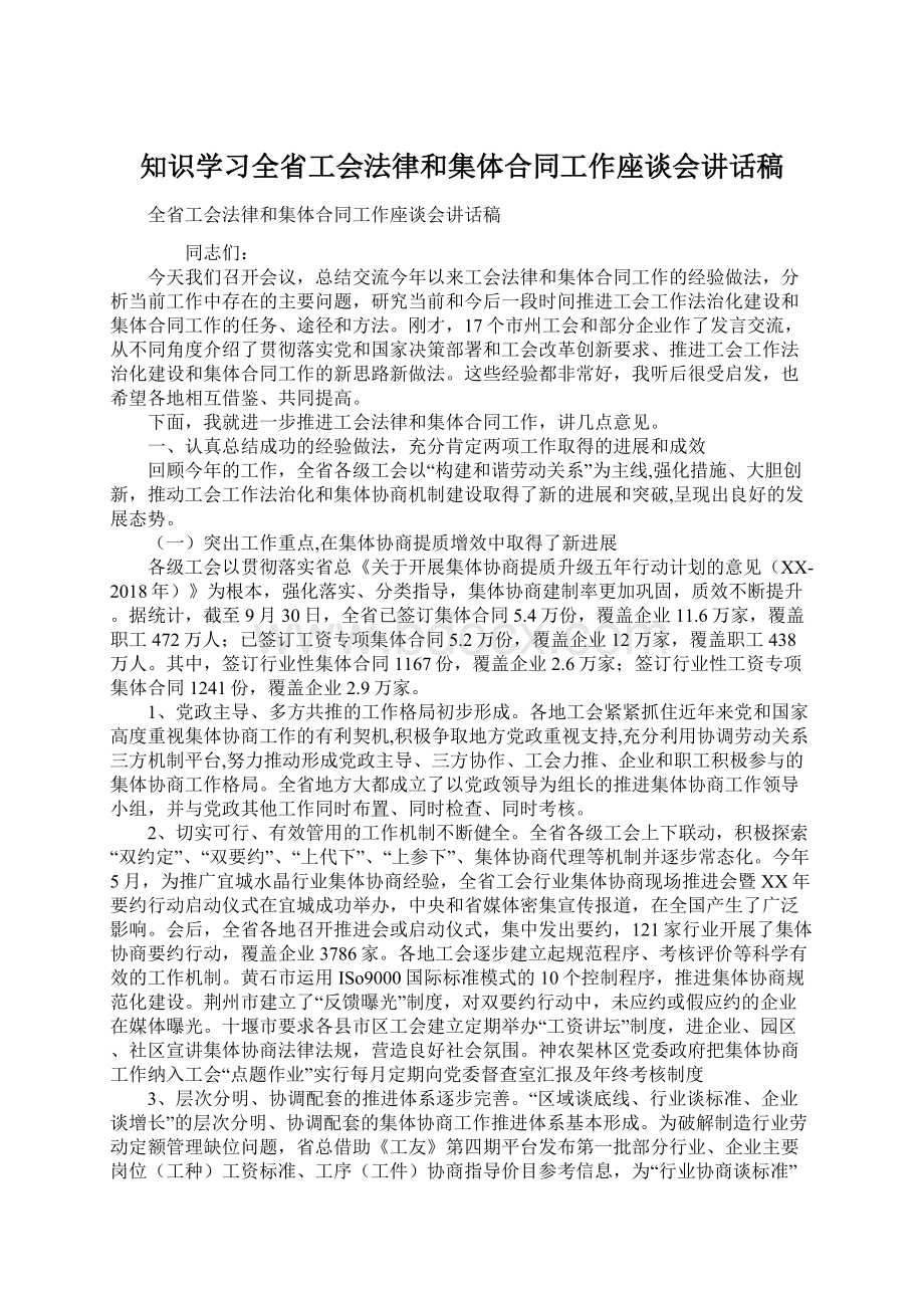 知识学习全省工会法律和集体合同工作座谈会讲话稿Word下载.docx