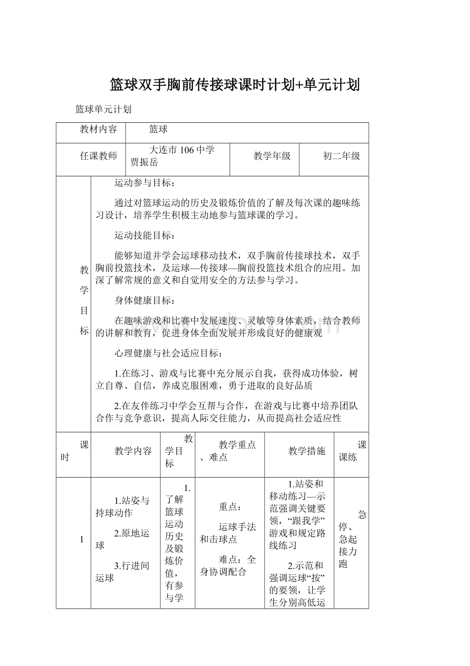 篮球双手胸前传接球课时计划+单元计划.docx_第1页