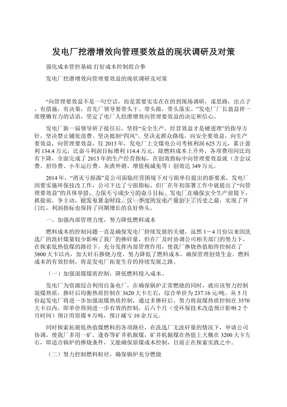 发电厂挖潜增效向管理要效益的现状调研及对策Word格式文档下载.docx