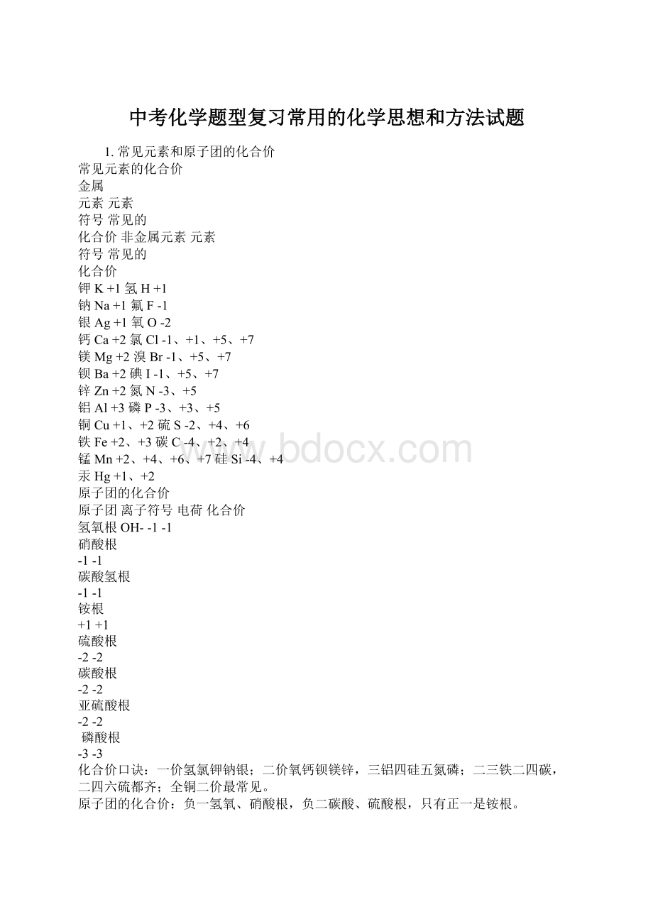 中考化学题型复习常用的化学思想和方法试题.docx