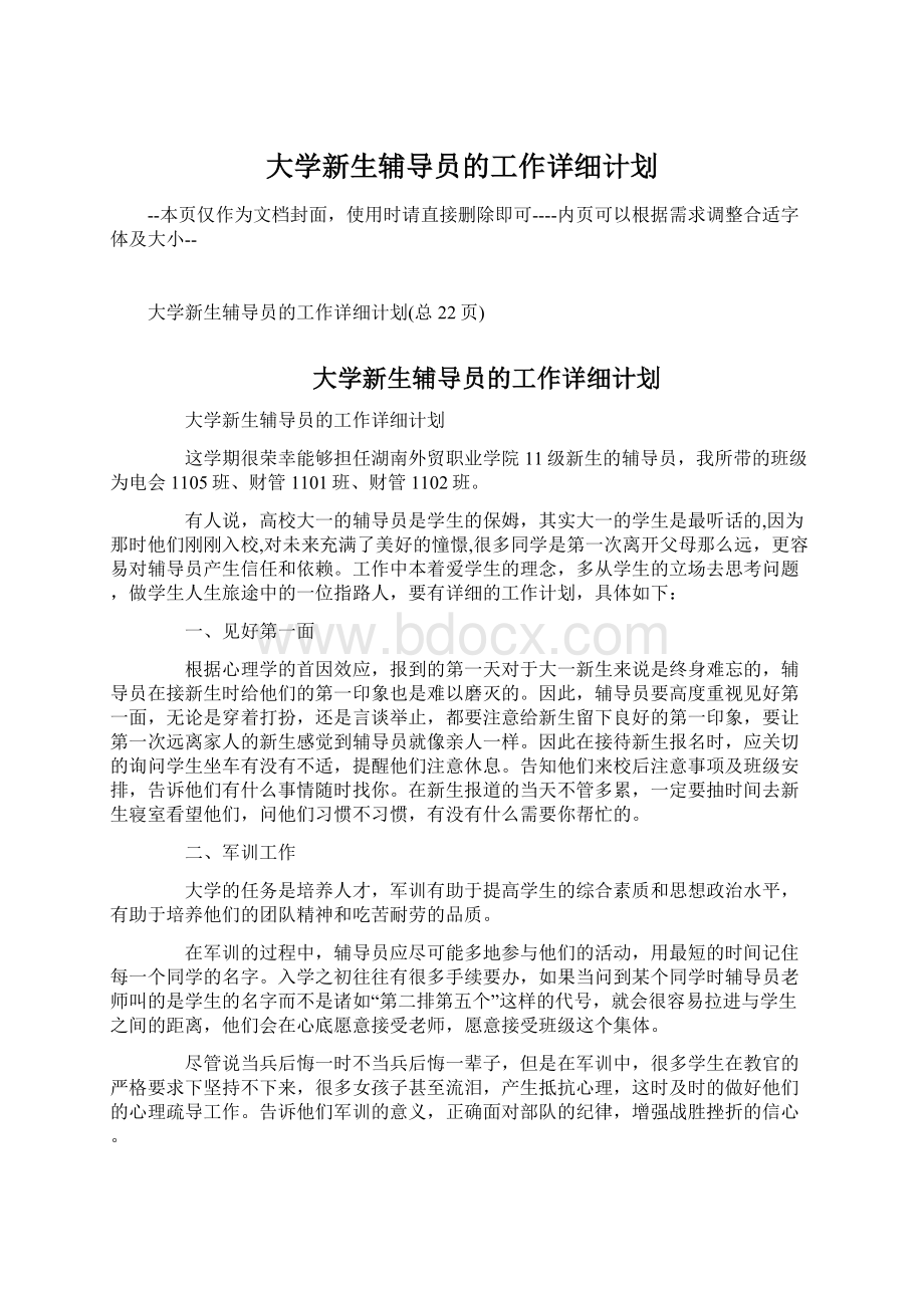 大学新生辅导员的工作详细计划Word格式.docx