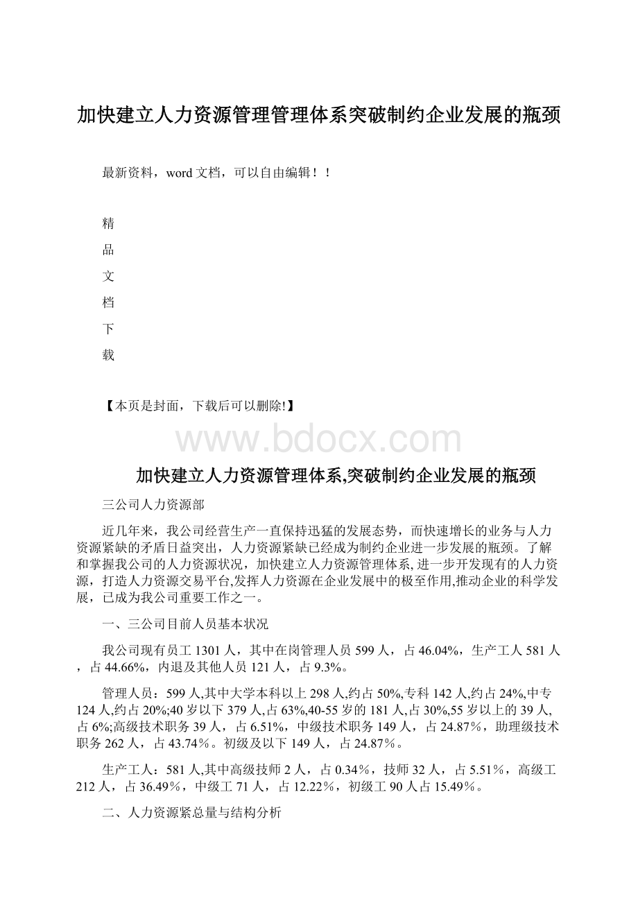 加快建立人力资源管理管理体系突破制约企业发展的瓶颈Word文档格式.docx