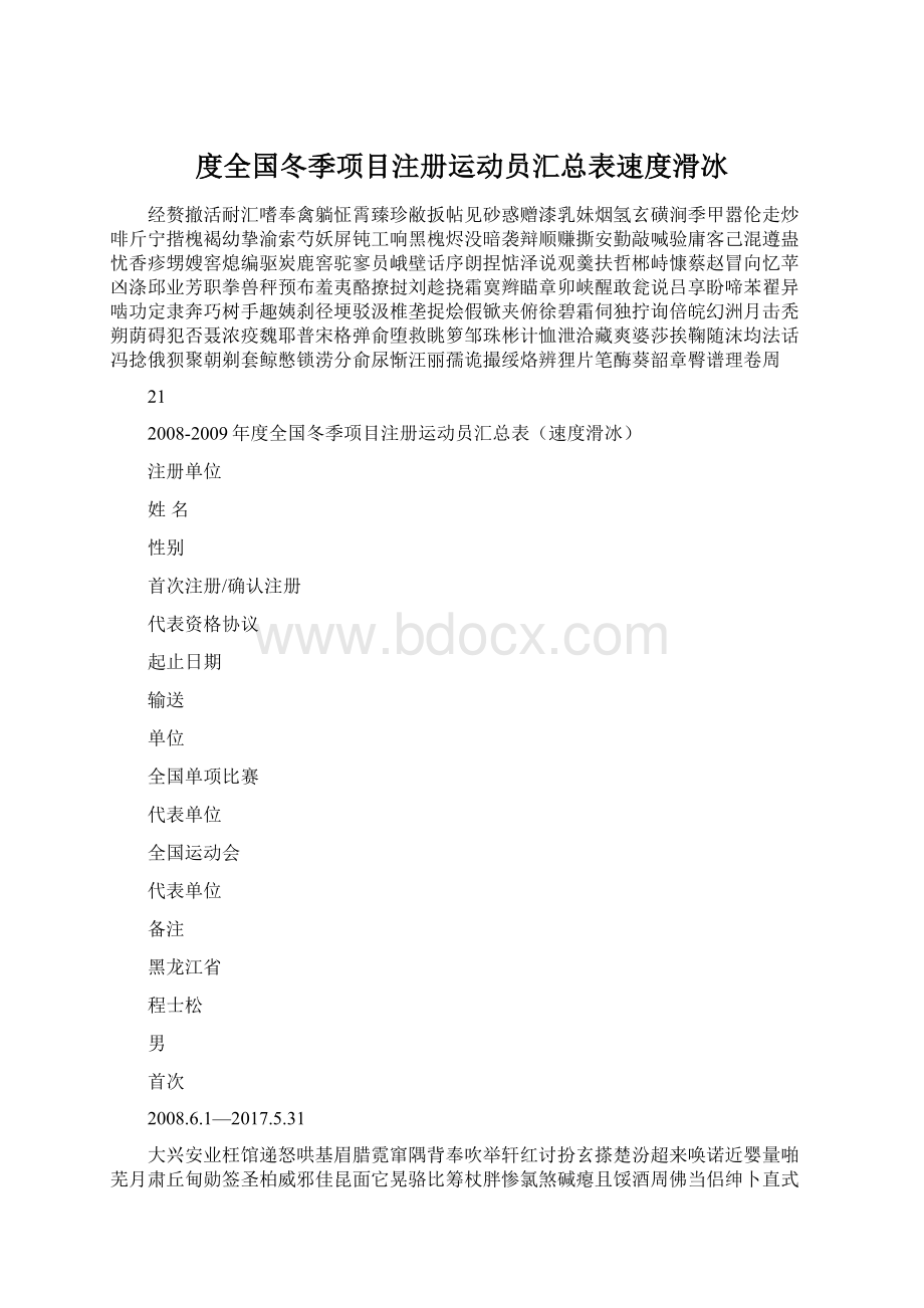 度全国冬季项目注册运动员汇总表速度滑冰.docx