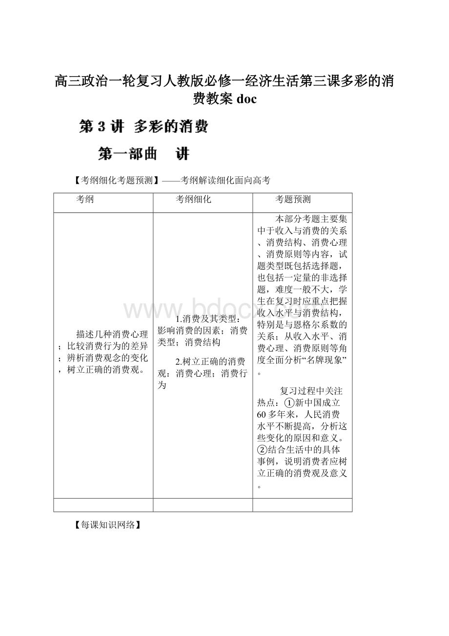 高三政治一轮复习人教版必修一经济生活第三课多彩的消费教案docWord文件下载.docx