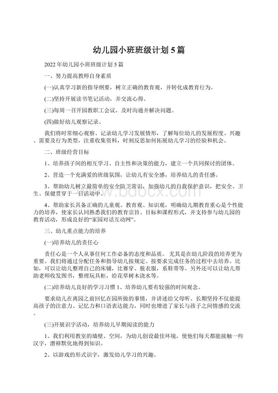 幼儿园小班班级计划5篇.docx