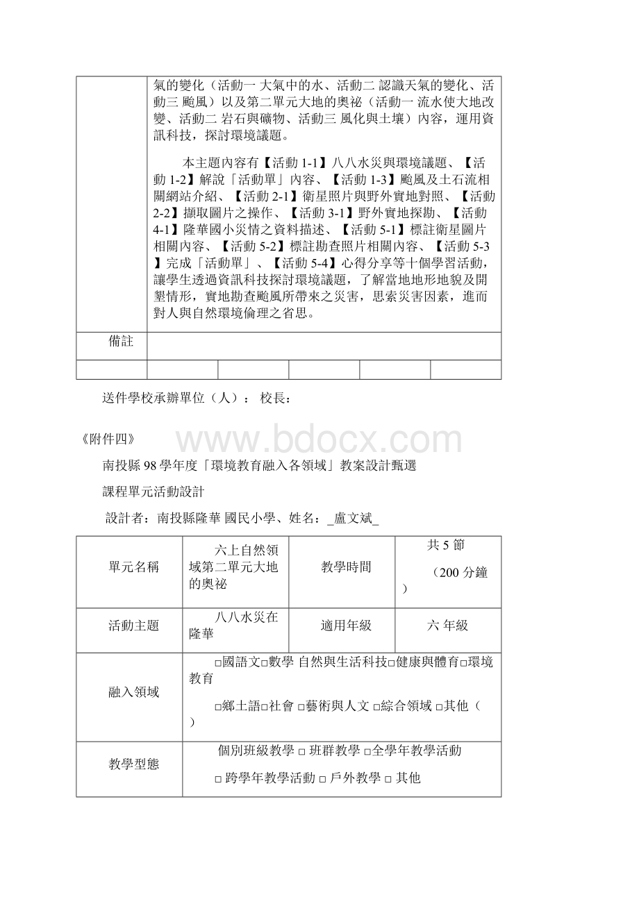 《附件一》南投县98学年度环境教育融入各领域教案设计甄选报名表.docx_第2页