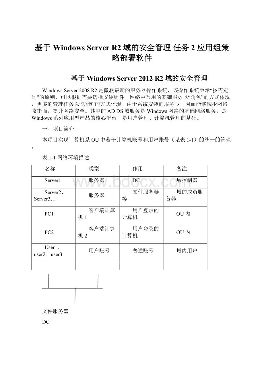 基于Windows Server R2域的安全管理 任务2 应用组策略部署软件Word格式文档下载.docx_第1页