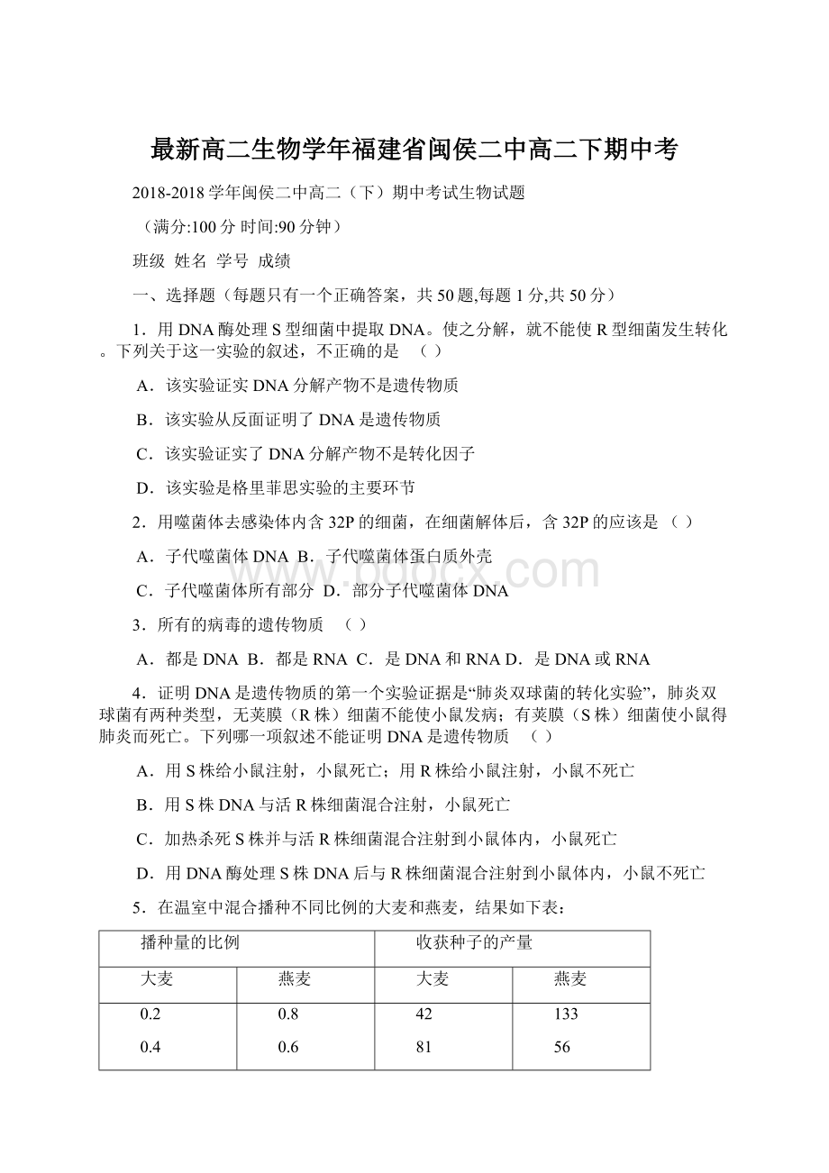 最新高二生物学年福建省闽侯二中高二下期中考.docx