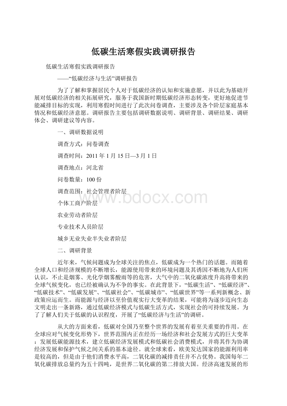 低碳生活寒假实践调研报告Word格式文档下载.docx